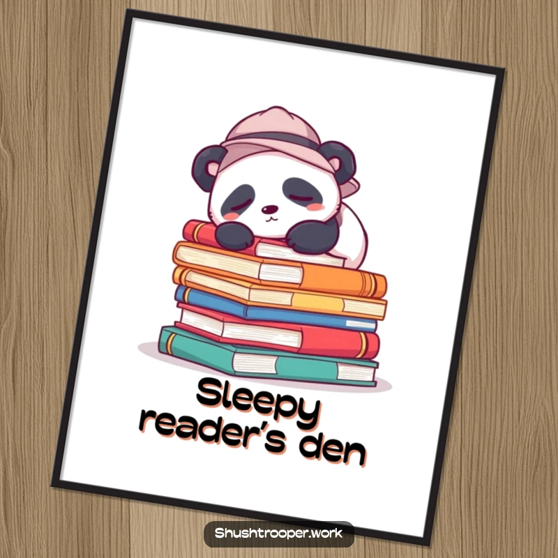 Funny Poster of a sleepy panda wearing a hat, resting on a large pile of colorful books, ideal for relaxation.