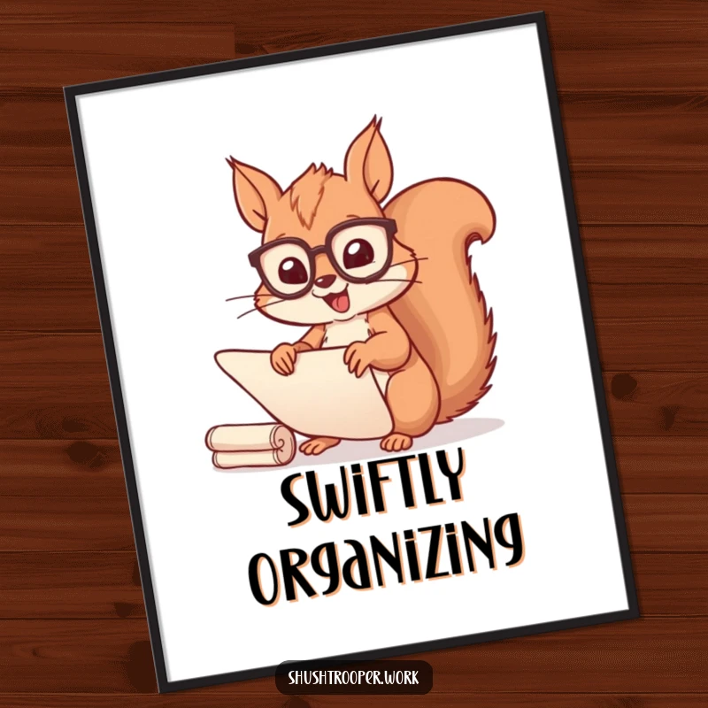 Funny Squirrel Scribe Poster: A cheerful squirrel wearing spectacles happily sorts scrolls with quick, efficient movements.