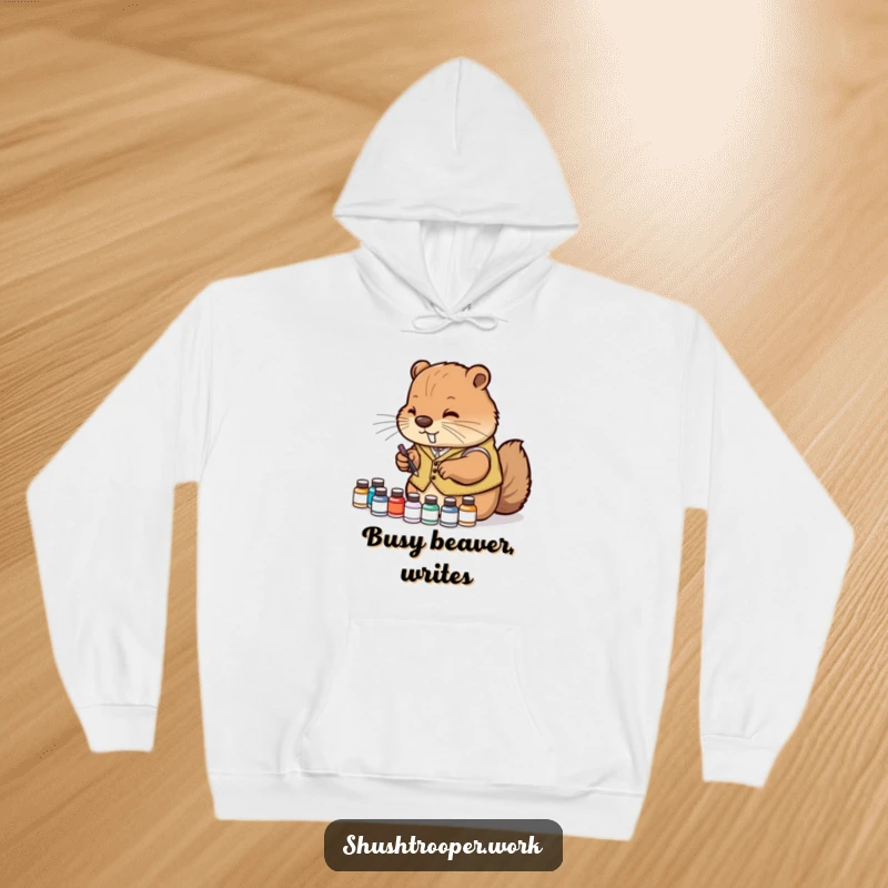 Funny Hoodie depicting a diligent beaver wearing a vest, arranging tiny ink bottles with care, ideal for artists.