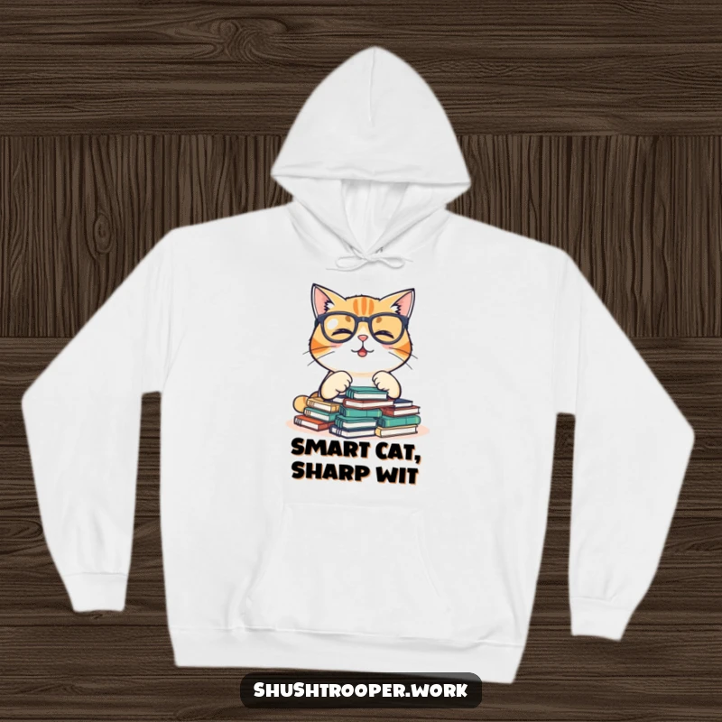 Funny Hoodie depicting a giggling cat wearing glasses, busy organizing stacks of tiny notebooks, ideal for book lovers.