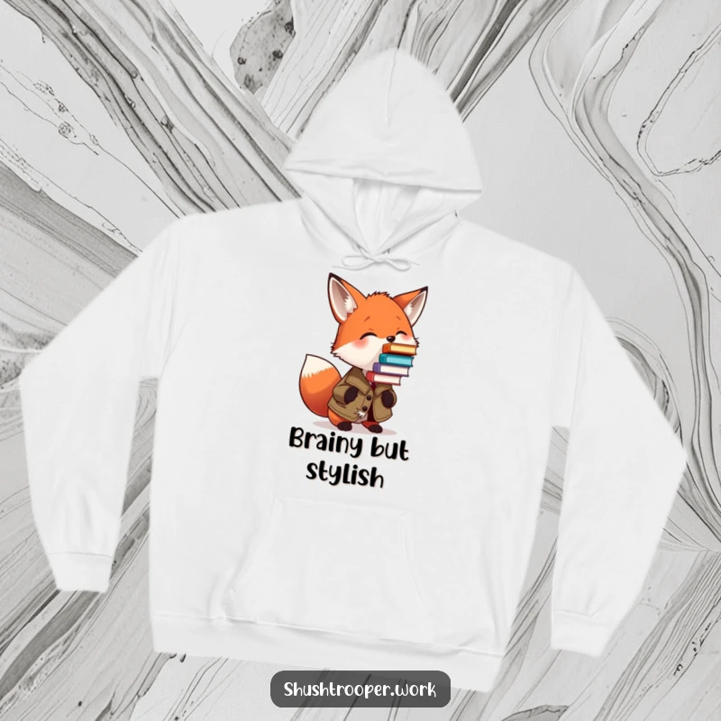 Funny Fox Bookworm Hoodie: A charming fox in a tweed jacket humorously balances a teetering tower of books on its nose.