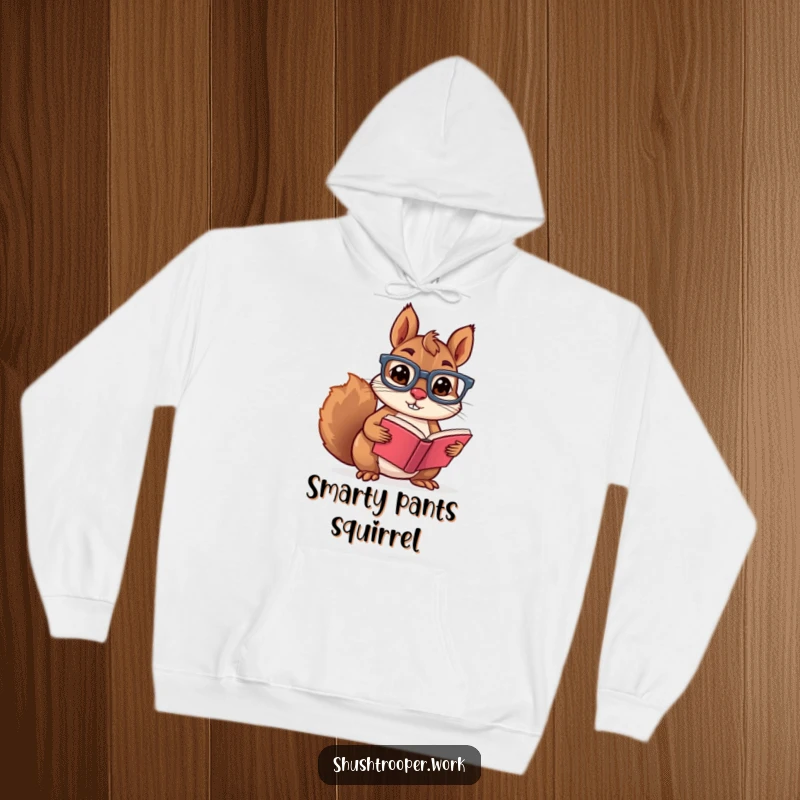 Funny squirrel in glasses reading a book, featured on a cozy hoodie, illustrating a smart and endearing character.