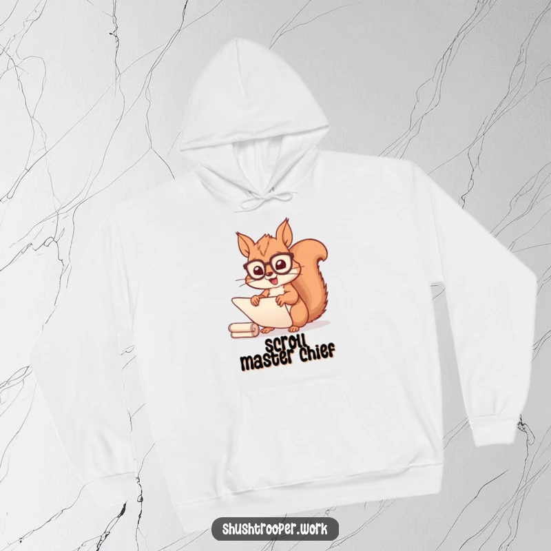 Funny Squirrel Scribe Hoodie: A cheerful squirrel with spectacles sorts scrolls rapidly and happily, offering warmth and humor.