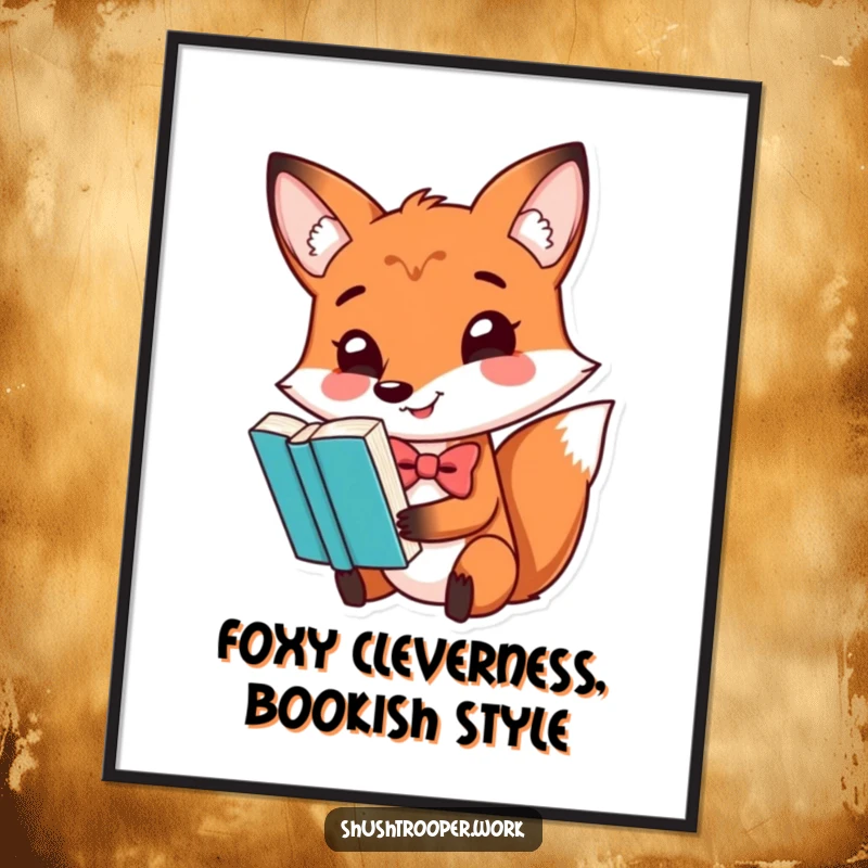Funny Free Printable Wall Art: A fox wearing a bowtie expertly balances a book on its nose. Quirky art.