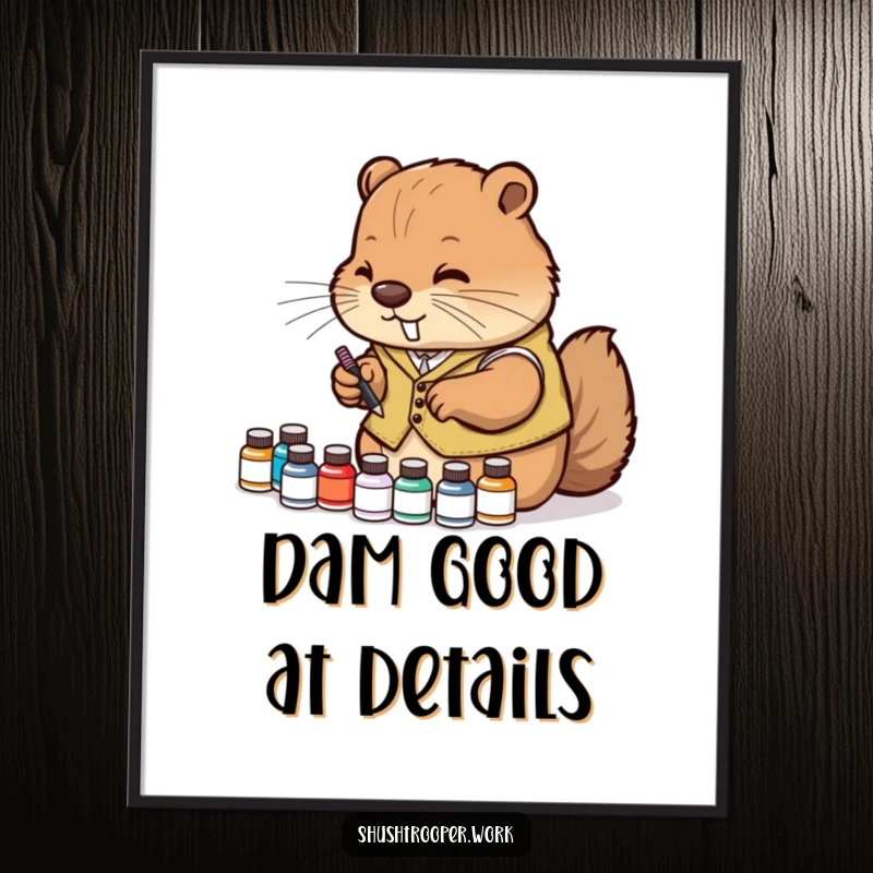 Free printable wall art showcasing a diligent beaver wearing a vest, meticulously arranging tiny ink bottles with focus.