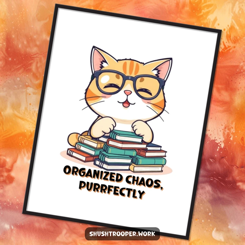 Funny free printable wall art: a giggling cat wearing glasses happily organizes a stack of tiny notebooks.