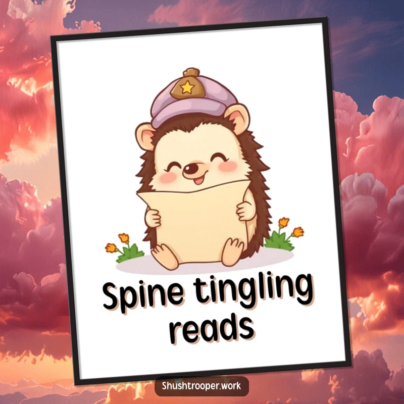 Free printable wall art featuring a happy hedgehog in a cap engrossed in reading a miniature scroll with great enthusiasm.