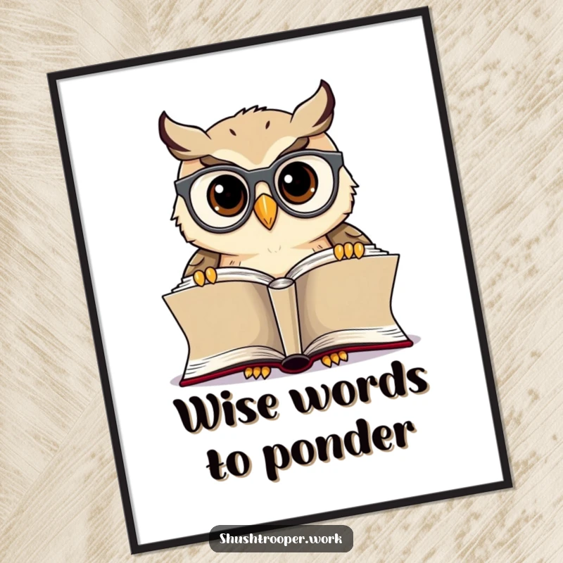Funny Free Printable Wall Art: Cheerful owl wearing spectacles, peering intently at an open book, adding wisdom to decor.