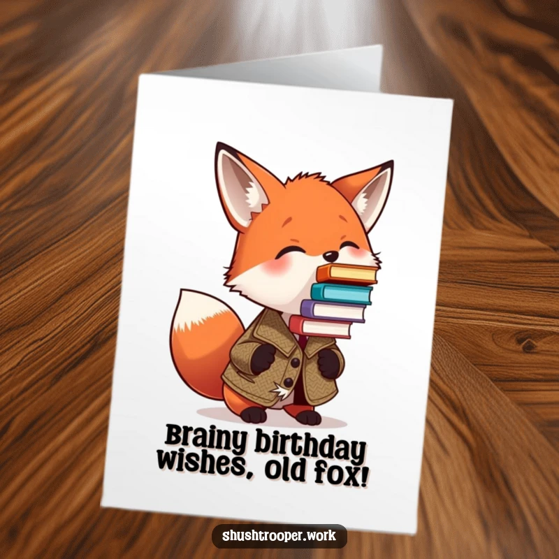 Funny Free Printable Birthday Card: Tweed Fox Expertly Balancing a Huge Stack of Books on its Nose