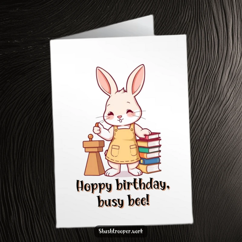 Funny Free Printable Birthday Card: A bunny in an apron stamps books energetically with its paw. Happy birthday!