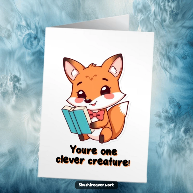 Funny Free Printable Birthday Card: A fox in a bowtie impressively balances a book on its nose. Clever wishes.