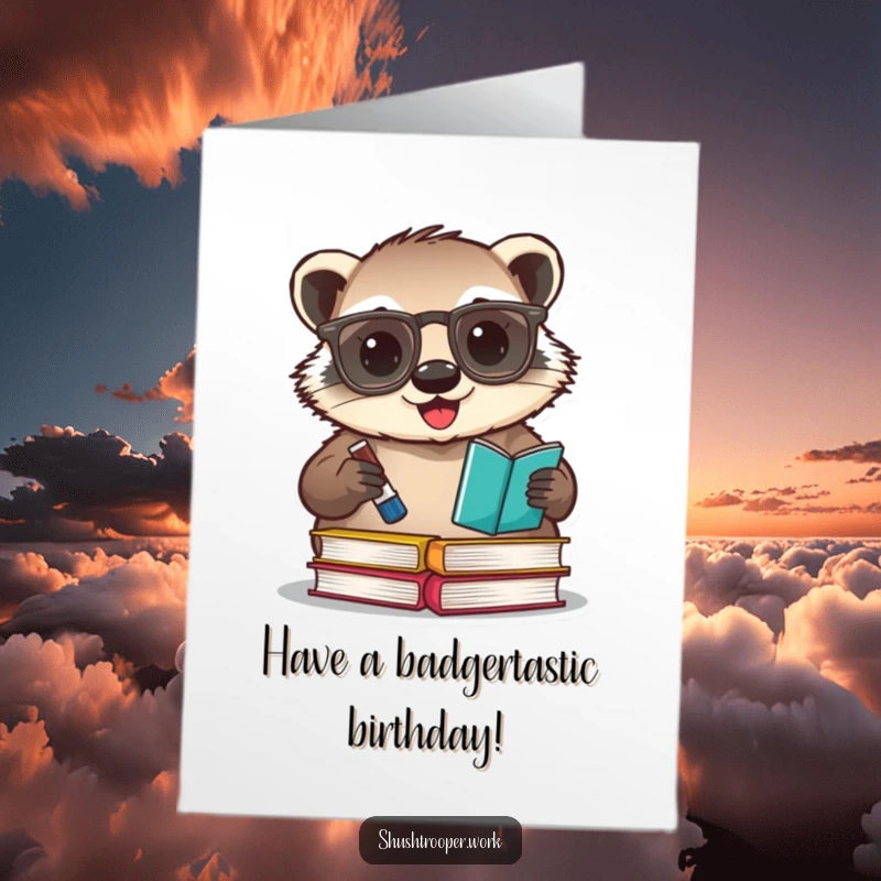 Funny Free Printable Birthday Card: A happy badger with glasses enthusiastically stamps a book with an ink pad.