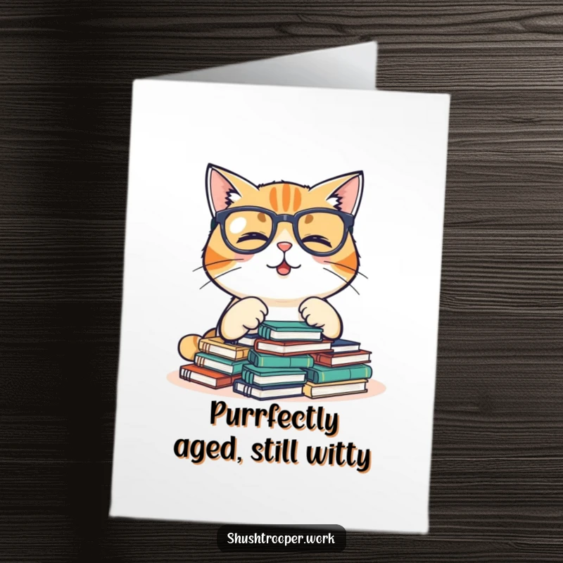 Funny free printable birthday card: a giggling cat in glasses sorts tiny notebooks, a studious and amusing scene.