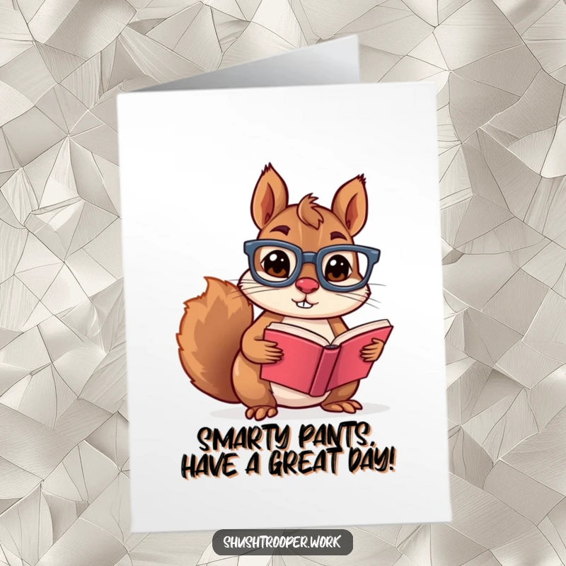 Funny Free Printable Birthday Card: Mischievous squirrel in glasses reads a tiny book, ready for a clever birthday wish.