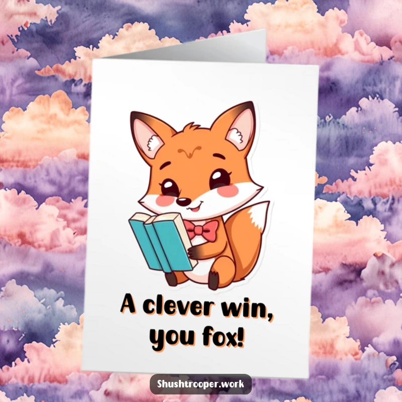 Funny Free Printable Congratulations Card: A dapper fox with a bowtie balances a book, celebrating a great achievement.