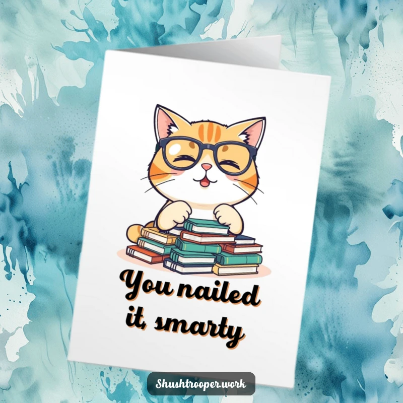 Free printable congratulations card featuring a giggling cat with glasses organizing notebooks, a smart and funny design.
