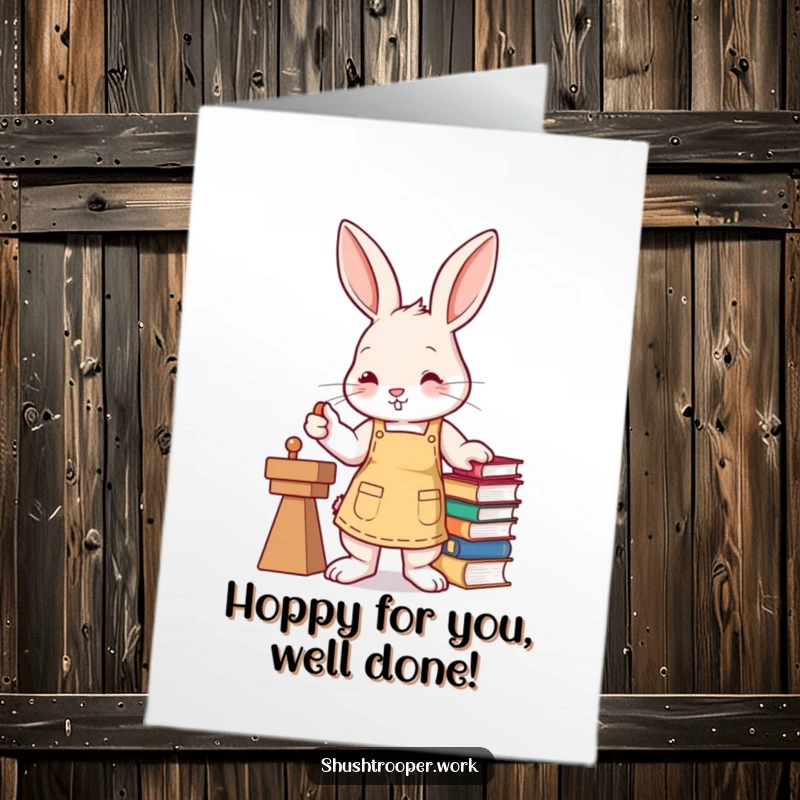 Funny Free Printable Congratulations Card: A busy bunny in an apron stamps books with its paw, cheering success.