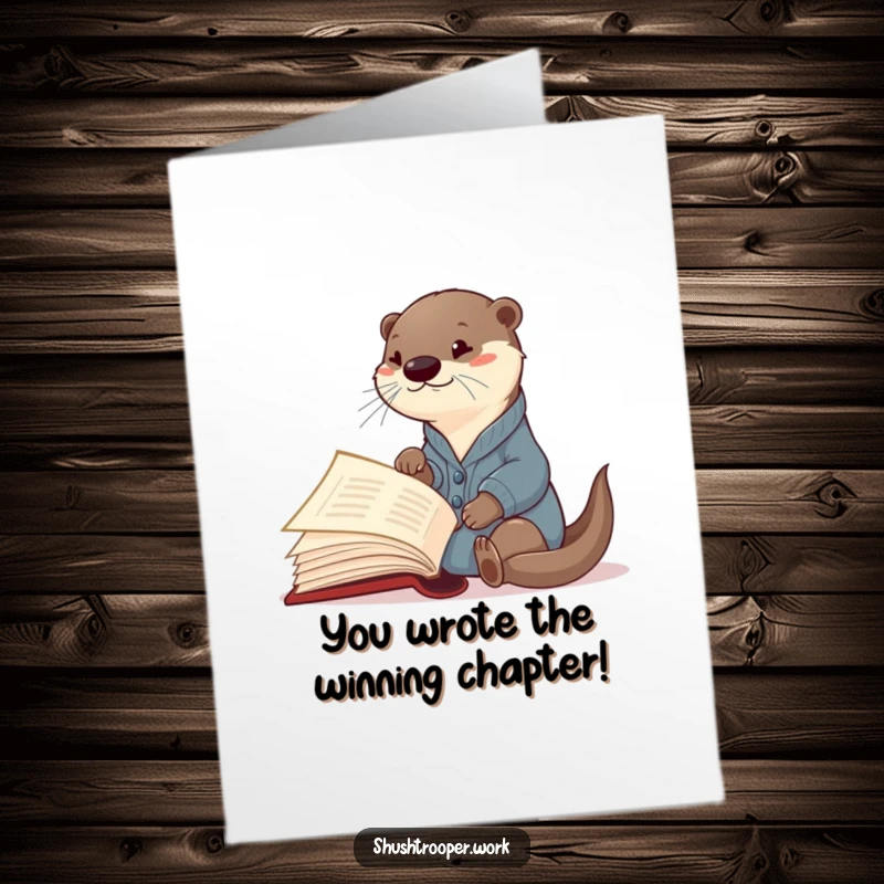 Funny Free Printable Curious Otter Congratulations Card in cardigan pointing at giant book, celebrating success, a downloadable gift.