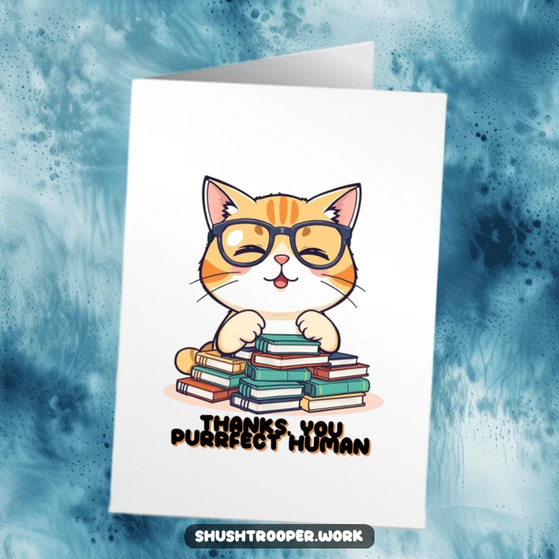 Charming free printable thank you card of a giggling cat in glasses meticulously organizing tiny notebooks, a neat surprise.
