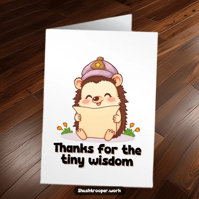 Delightful free printable thank you card of a happy hedgehog wearing a cap, zealously reading a miniature scroll.