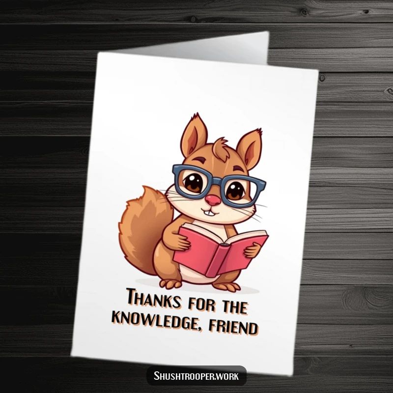 Funny Free Printable Thank You Card: A smart squirrel holds an open book, expressing sincere gratitude. Downloadable.