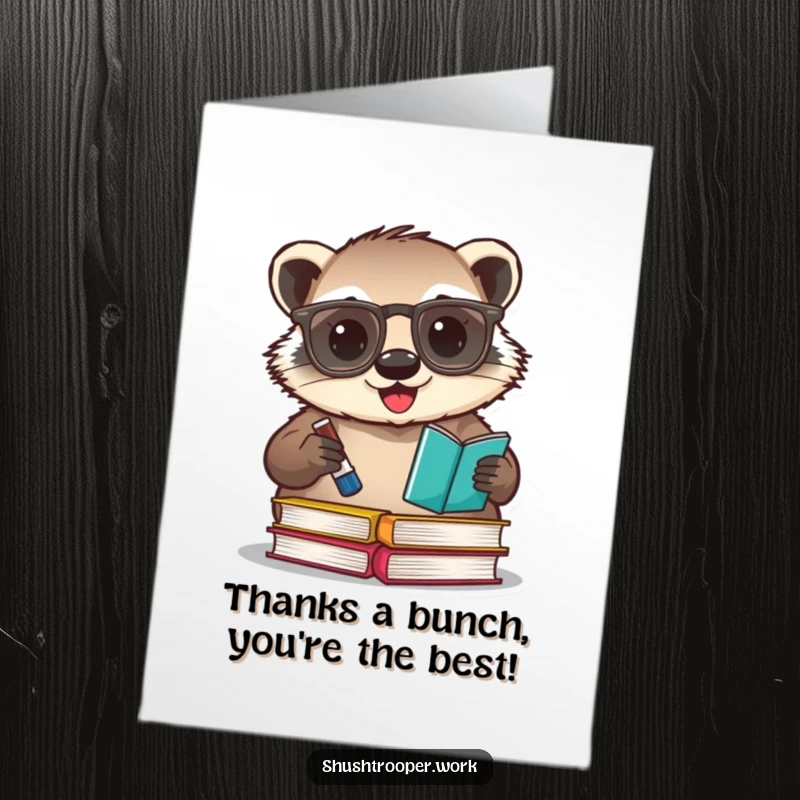 Funny Free Printable Thank You Card: A happy badger with glasses enthusiastically stamps a book, conveying thanks.