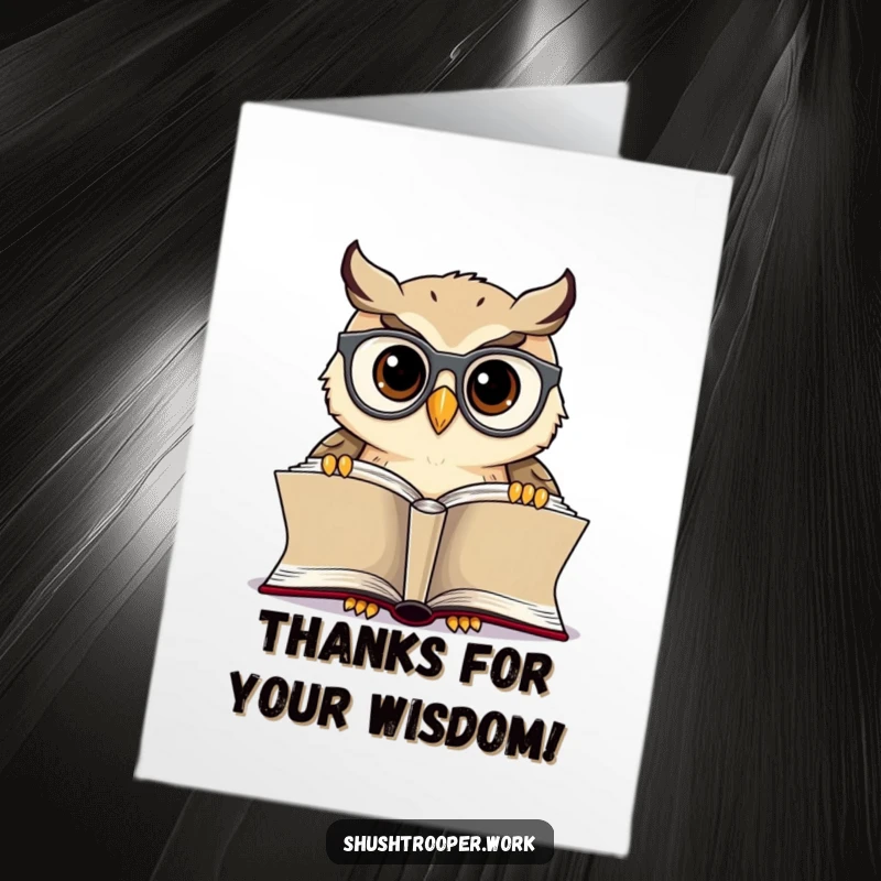 Funny Free Printable Thank You Card: Cheerful owl with spectacles peering intently at a book, expressing thanks.