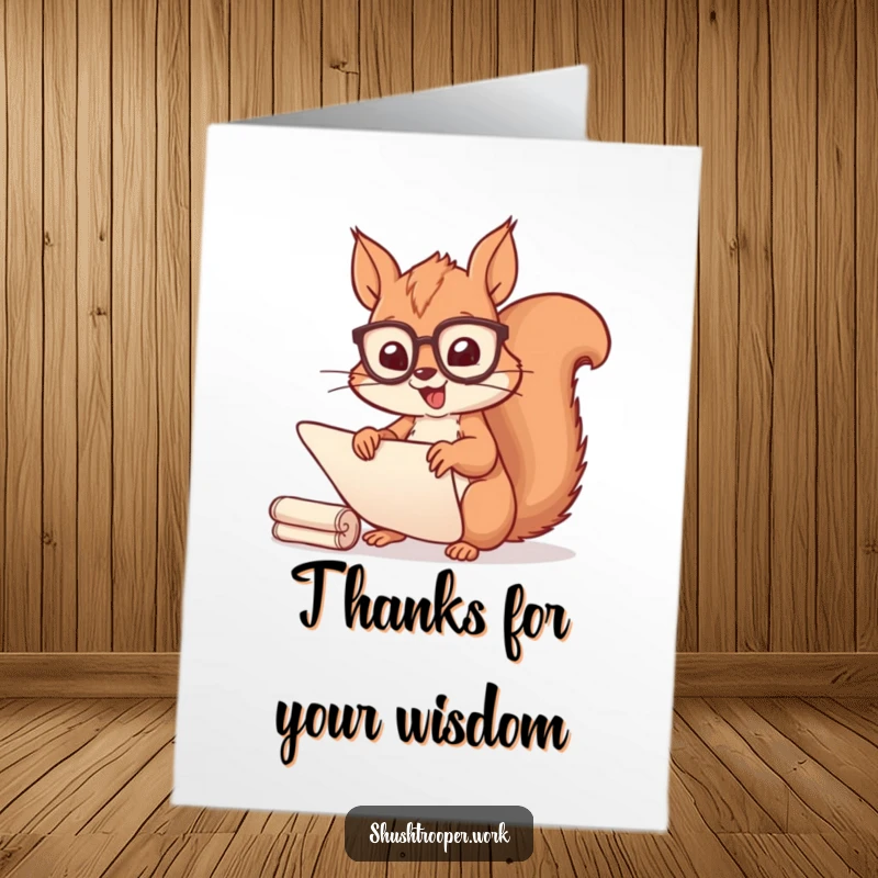 Funny Free Printable Cheerful Squirrel Scholar Thank You Card sorting scrolls, expressing thanks, a downloadable gift.