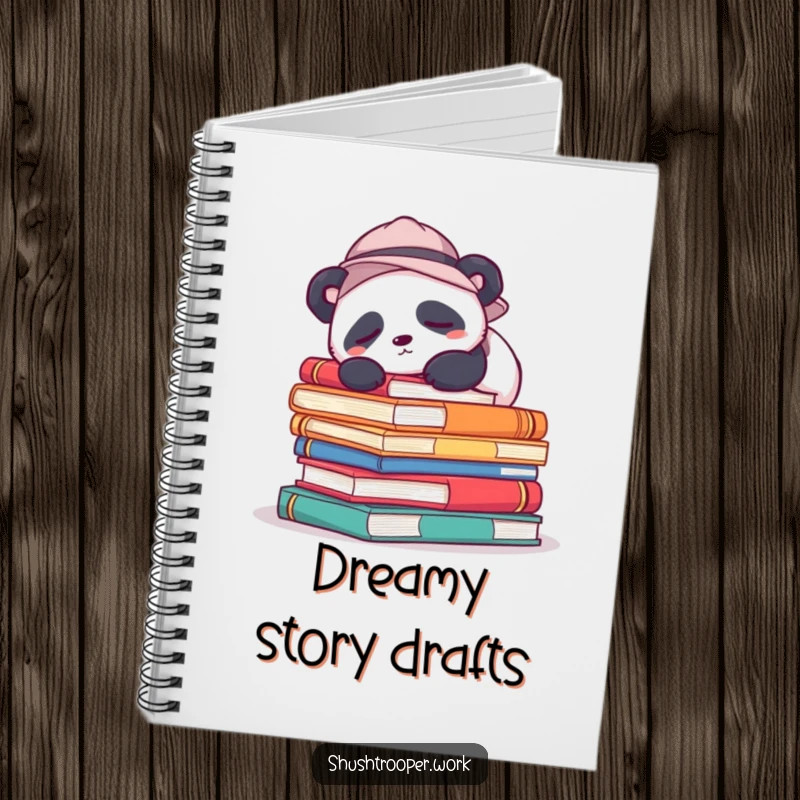 Funny Notebook with a sleepy panda in a hat snoozing on colorful books, perfect for journaling.