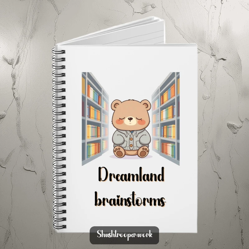 Funny sleepy bear in a cardigan, dozing near books, on the cover of a notebook.