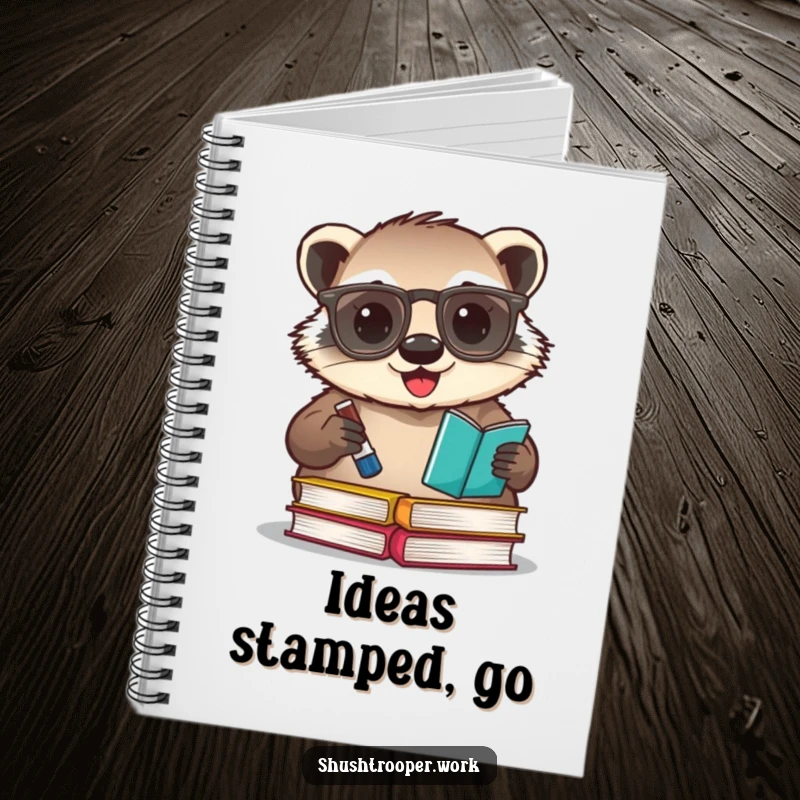 Funny badger librarian notebook, featuring a cheerful badger with glasses stamping books with an ink pad.