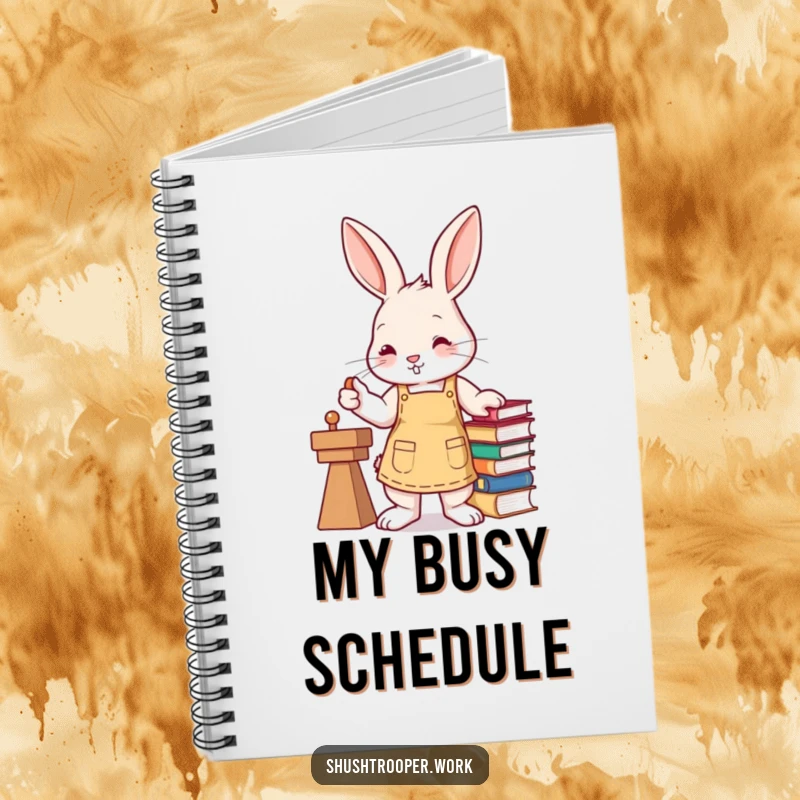 Funny busy bunny wearing an apron, stamping books with a paw, on the cover of a notebook.