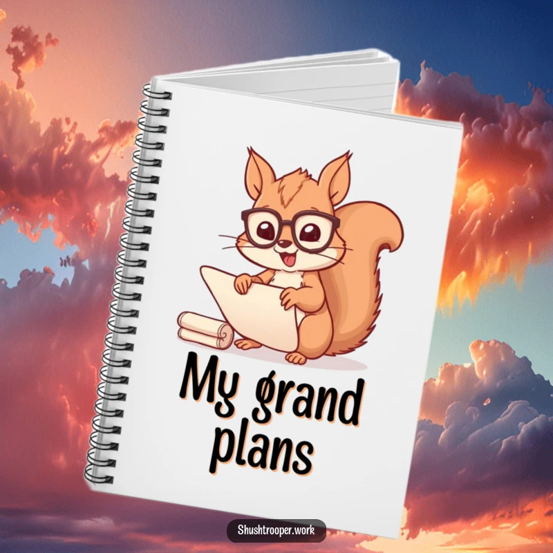 Funny Squirrel Scribe Notebook: A cheerful squirrel with spectacles happily sorts scrolls, inspiring note-taking.