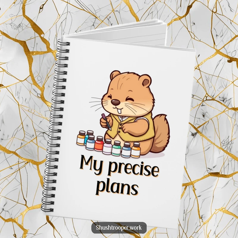 Funny Notebook with a diligent beaver in a vest organizing tiny ink bottles, perfect for artists.