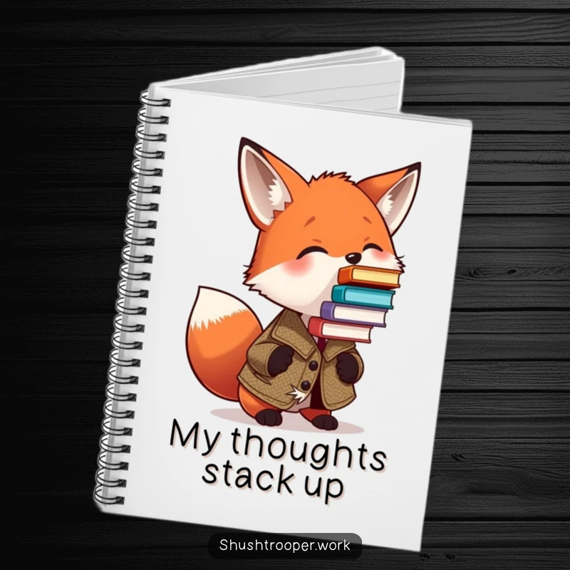 Funny Fox Journal: A fox wearing a tweed jacket humorously balances a teetering tower of books on its nose.