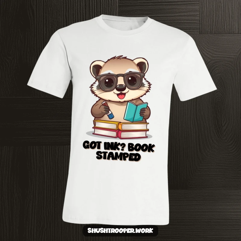 Funny badger librarian t-shirt, a bespectacled badger happily stamping books with an ink pad, spreading joy.