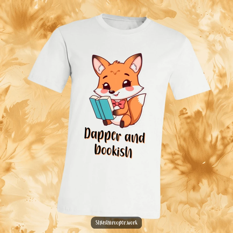 Funny playful fox wearing a bowtie, balancing a book on its nose, printed on a stylish t-shirt.