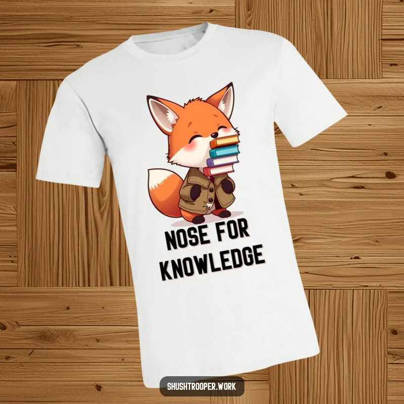 Funny Fox Tweed T-Shirt: A sophisticated fox wearing a tweed jacket humorously balances a precarious tower of books on its nose.