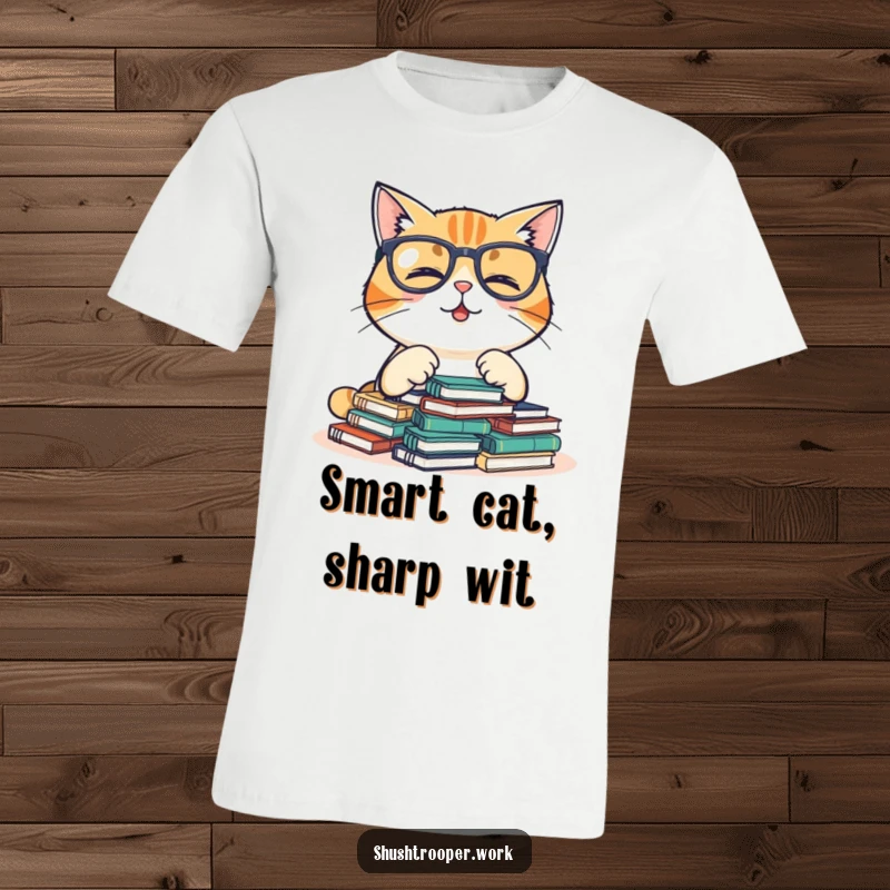 Funny T-Shirt with a happy, giggling cat in glasses organizing small notebooks, a delightful design for readers.
