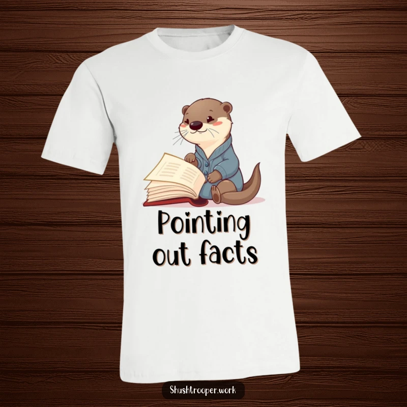 Funny Otter Librarian T-Shirt: A curious otter in a cardigan excitedly gestures towards an open page in an oversized book.