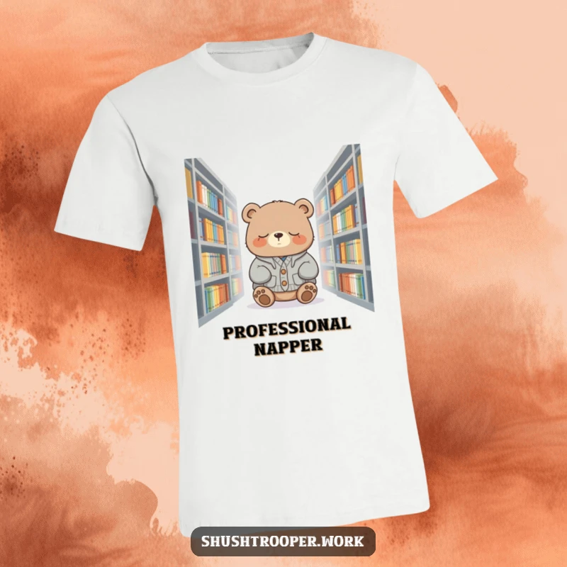 Funny sleepy bear in a cardigan dozing off amongst library shelves, printed on a comfortable t-shirt.