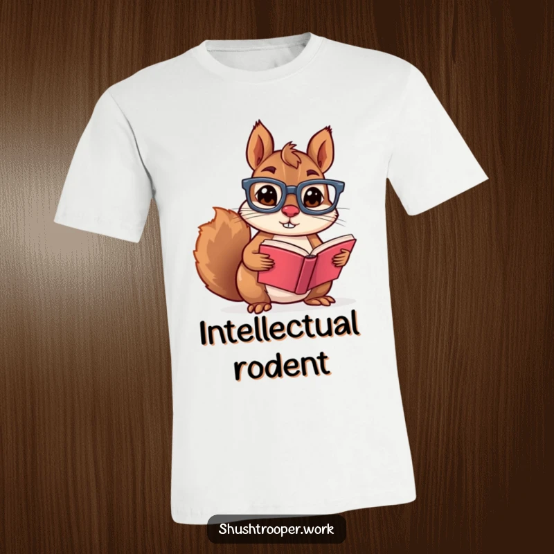 Funny mischievous squirrel with glasses holding open a tiny book wearing a t-shirt, depicting a smart and playful reader.