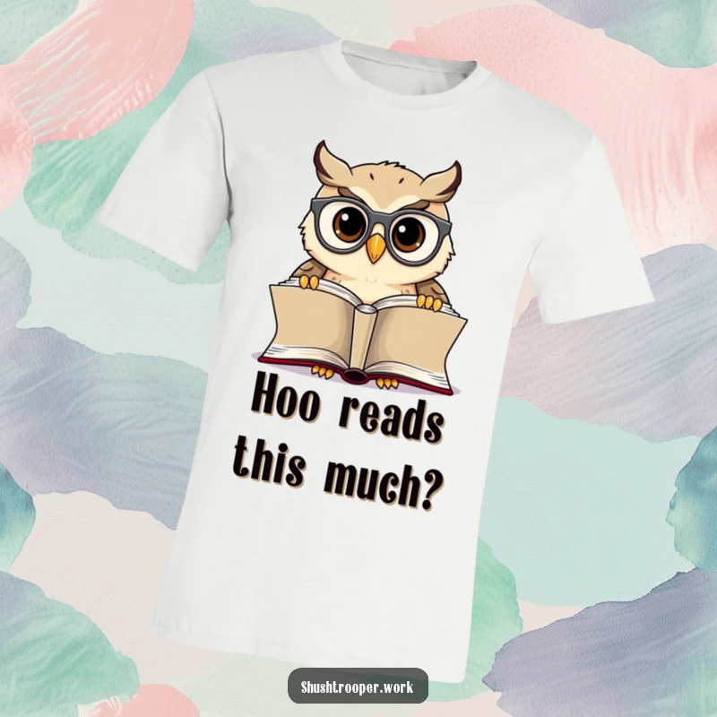 Funny Owl Librarian T-Shirt: Cheerful owl with spectacles reading a book, exuding wisdom and humor.