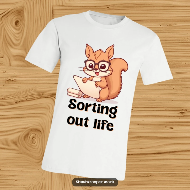Funny Squirrel Scribe T-Shirt: A cheerful squirrel in spectacles swiftly sorts through scrolls with a happy demeanor.