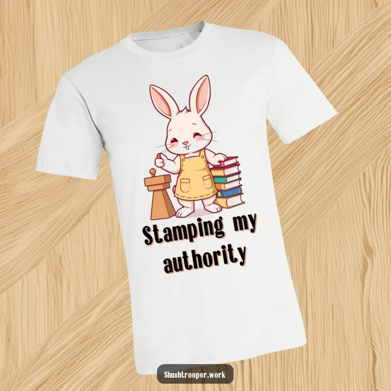 Funny busy bunny in an apron, stamping books with a paw, printed on a fun t-shirt.