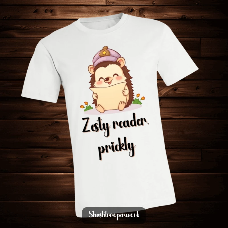 Funny T-Shirt featuring a happy hedgehog in a cap, eagerly reading a miniature scroll, perfect for readers.