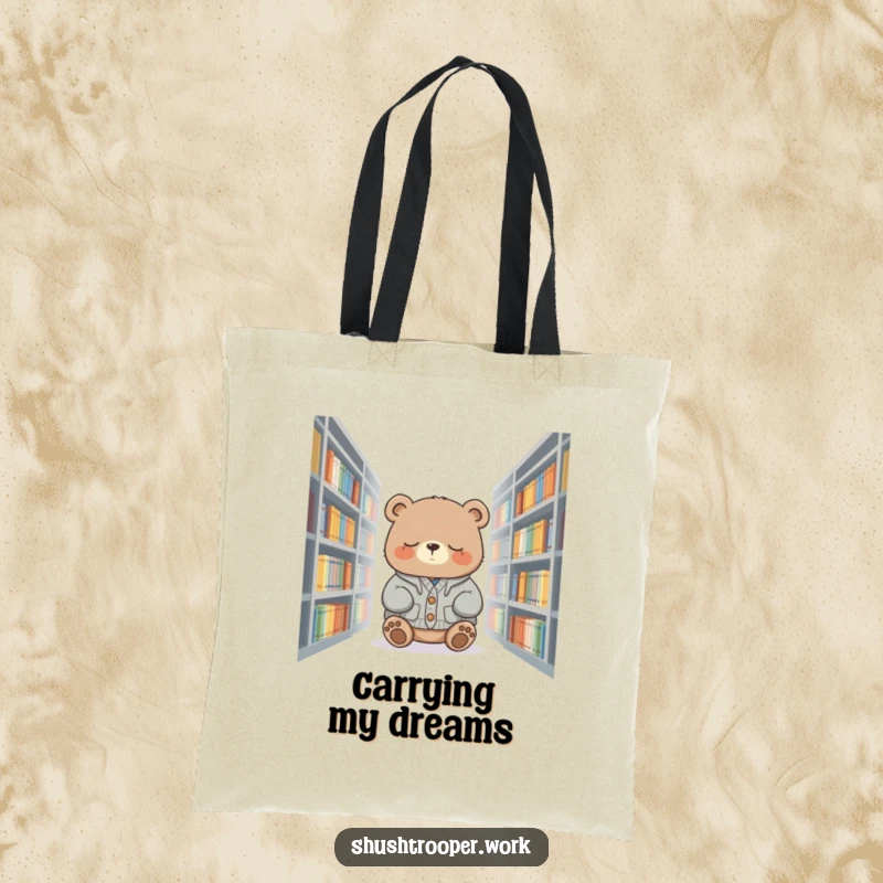 Funny sleepy bear in a cardigan, nodding off near books, on a practical tote bag.