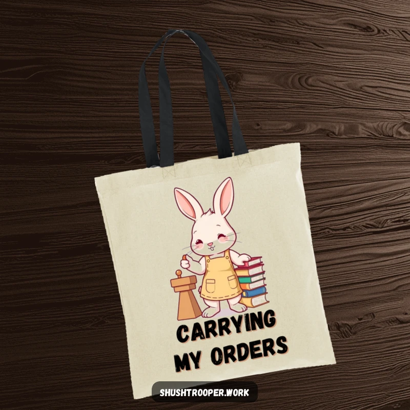 Funny busy bunny in an apron, stamping books with a paw, on a practical tote bag.