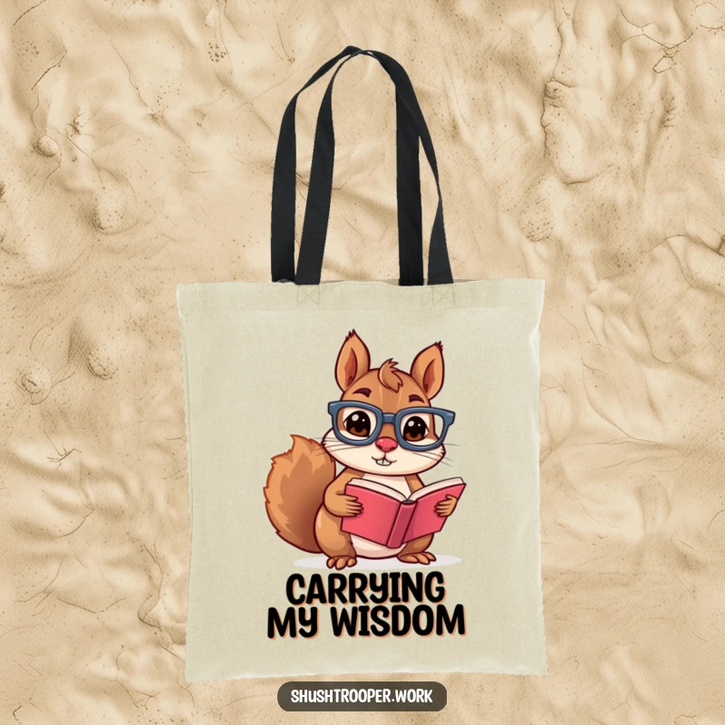 Funny squirrel with glasses holding a small book, printed on a durable tote bag, perfect for carrying literary treasures.
