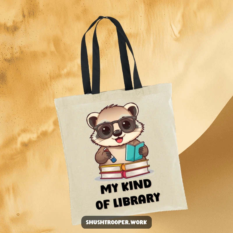 Funny badger librarian tote bag, with a happy badger wearing glasses stamping books with ink.